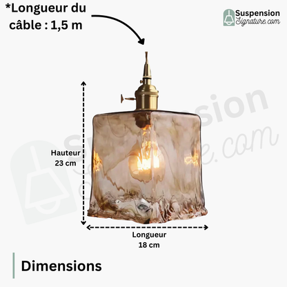 Suspension laiton et verre fumé design vintage rectangulaire
