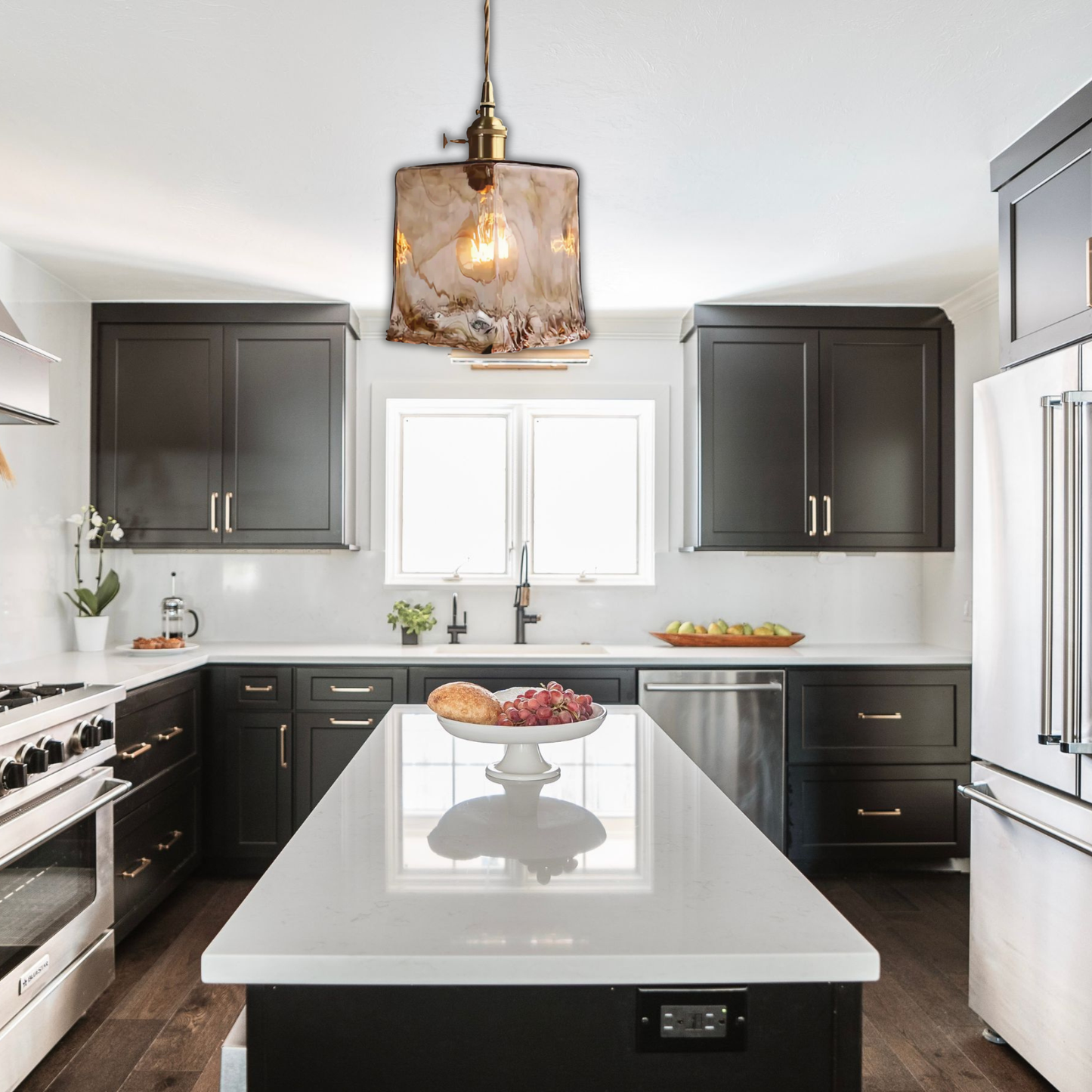 Suspension laiton et verre fumé design vintage rectangulaire