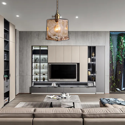 Suspension laiton et verre fumé design vintage rectangulaire