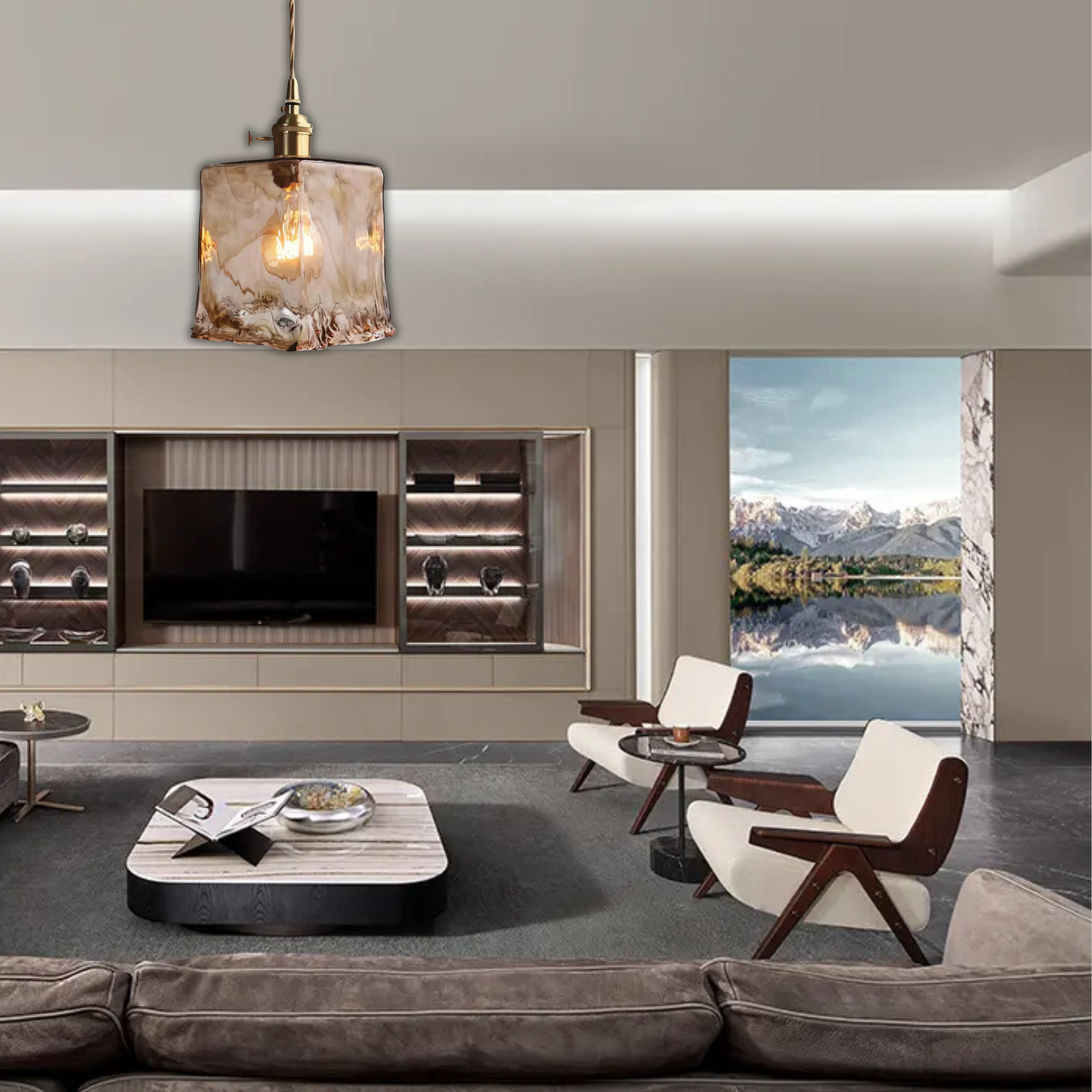 Suspension laiton et verre fumé design vintage rectangulaire