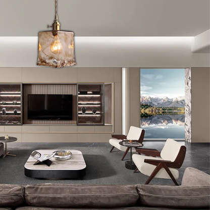 Suspension laiton et verre fumé design vintage rectangulaire