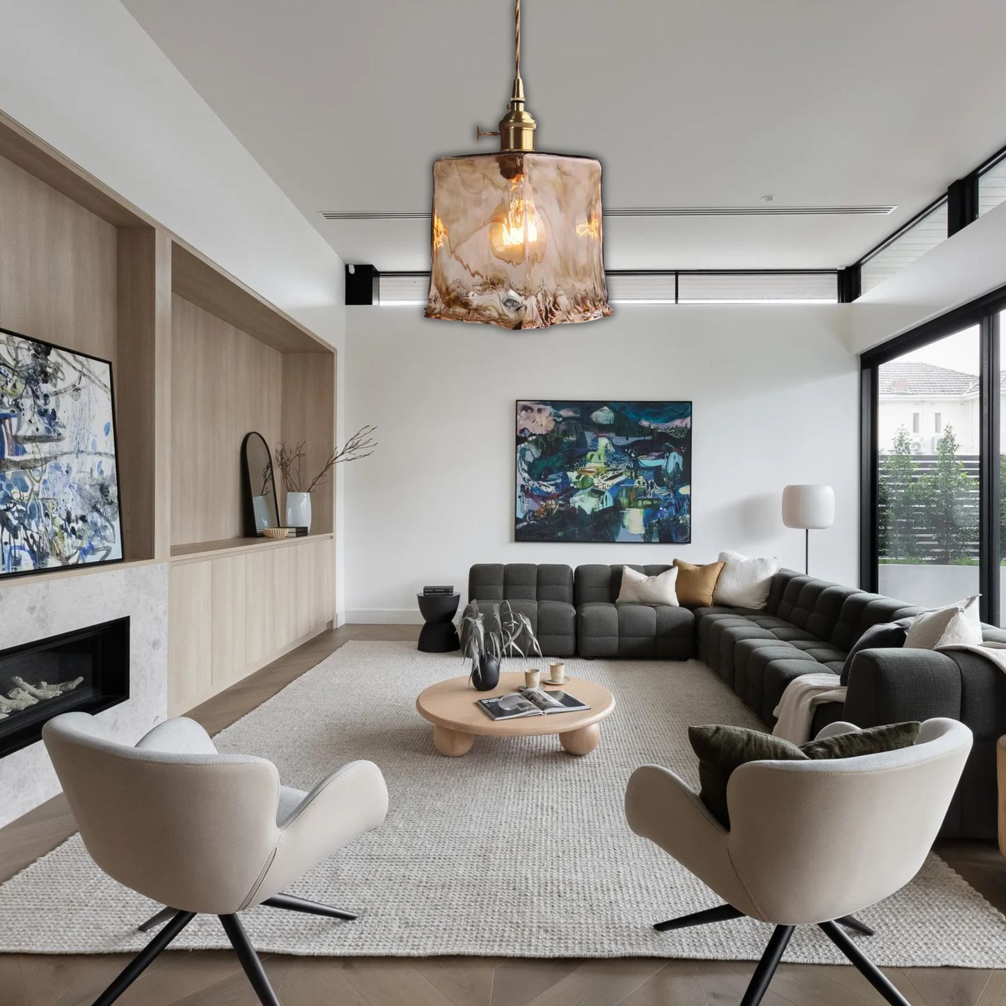 Suspension laiton et verre fumé design vintage rectangulaire