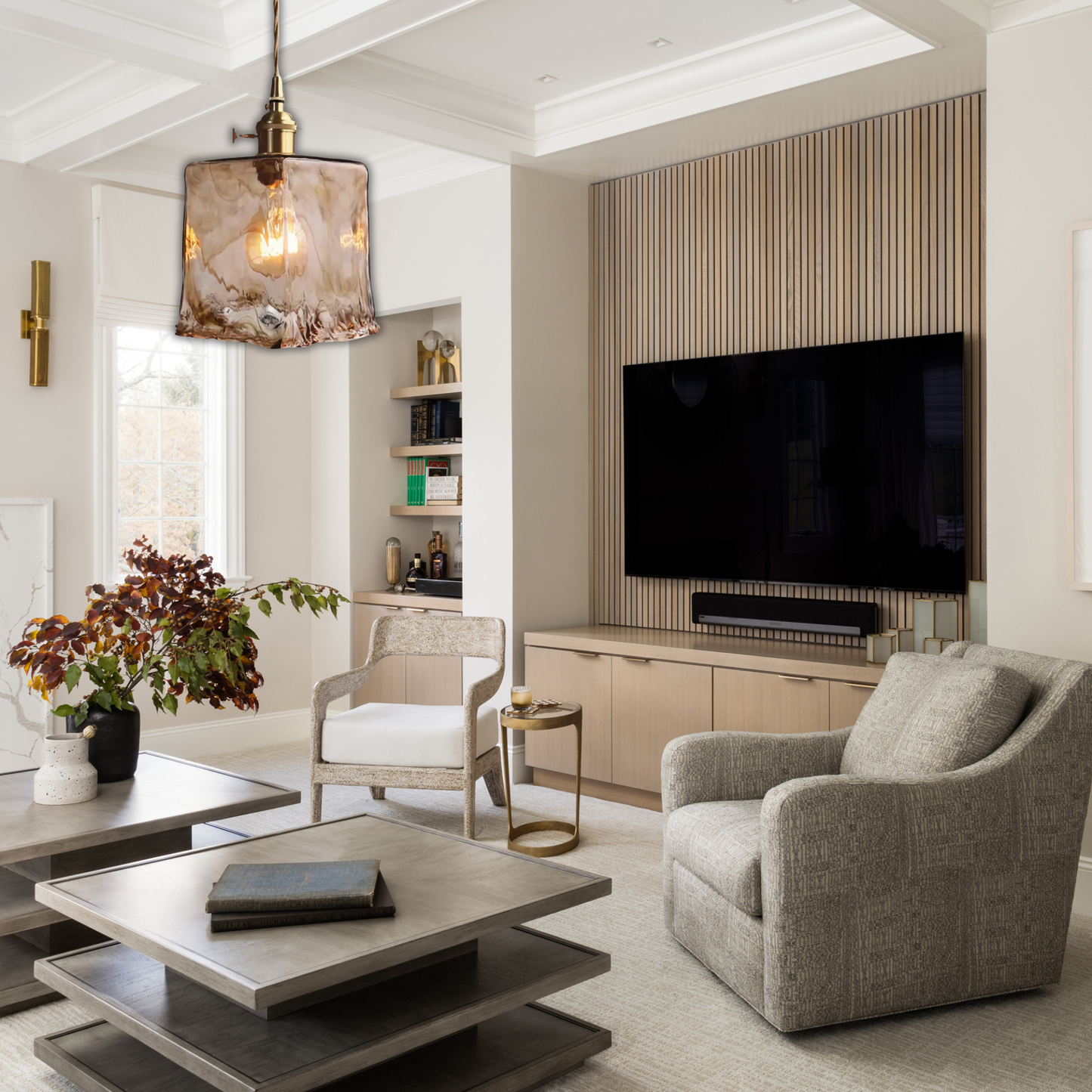 Suspension laiton et verre fumé design vintage rectangulaire