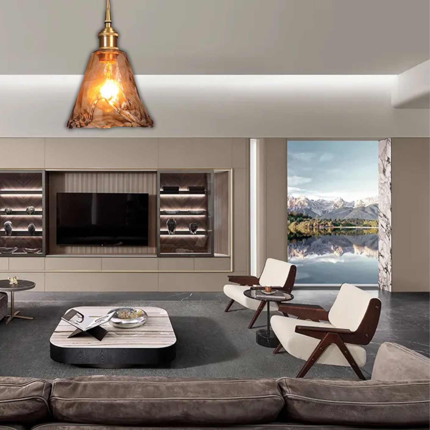 Suspension laiton et verre fumé design vintage triangulaire évasé