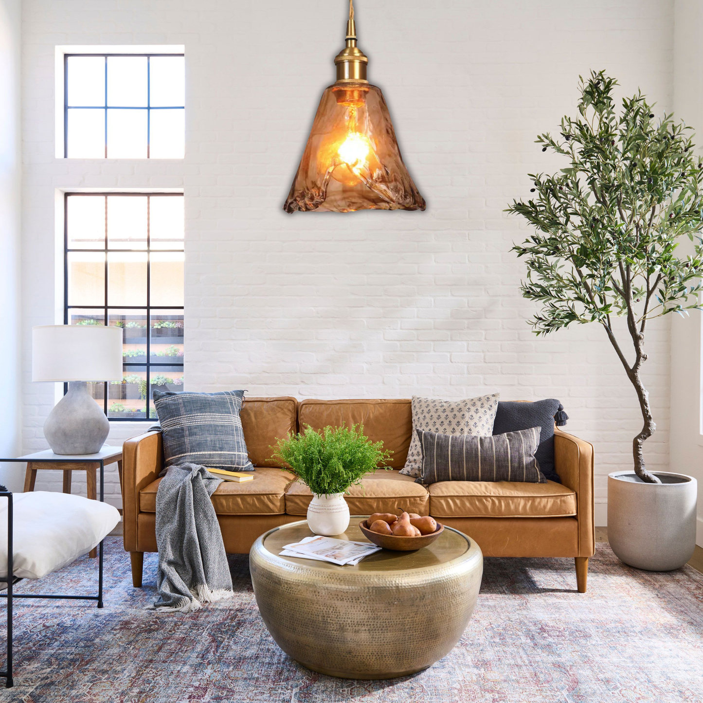 Suspension laiton et verre fumé design vintage triangulaire évasé