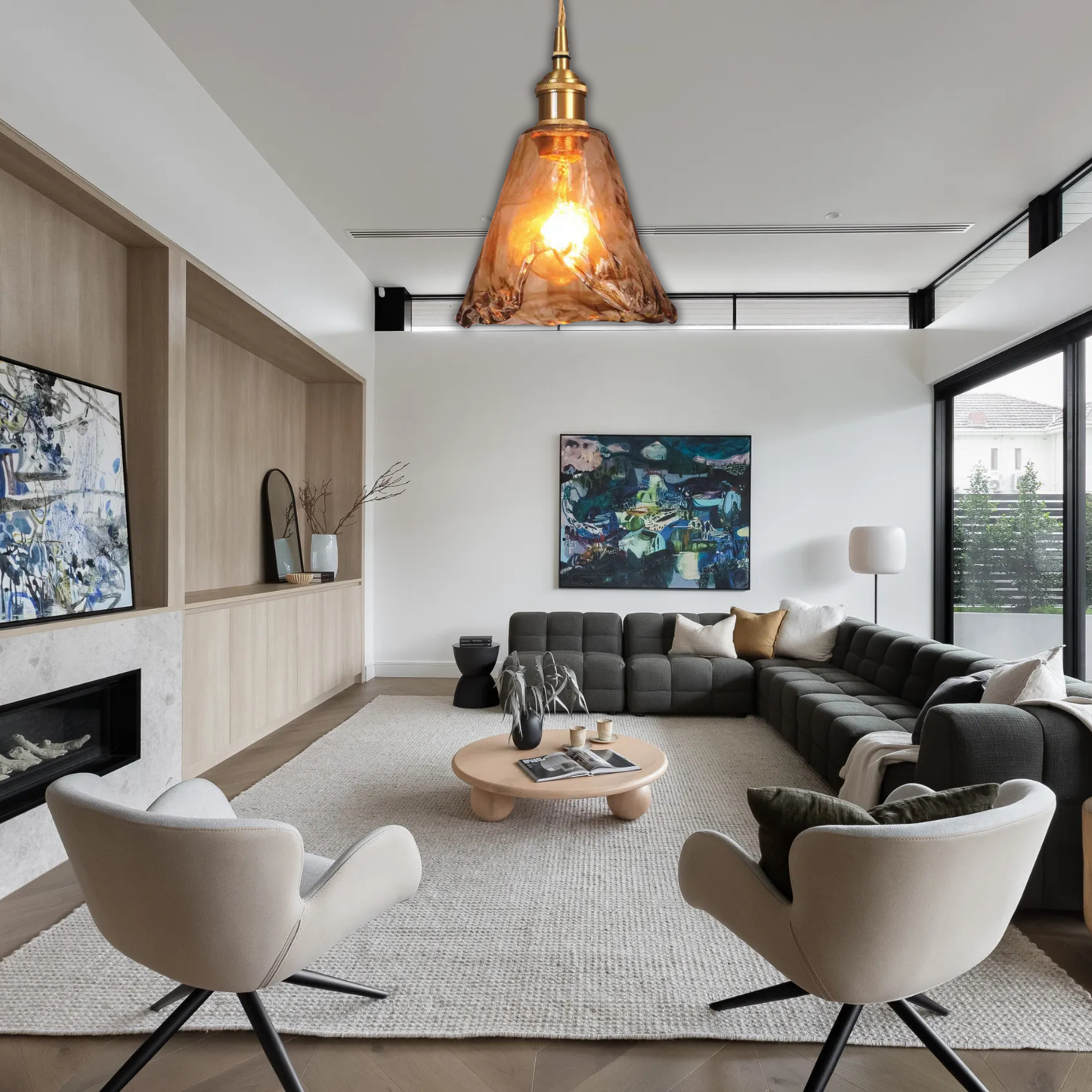 Suspension laiton et verre fumé design vintage triangulaire évasé