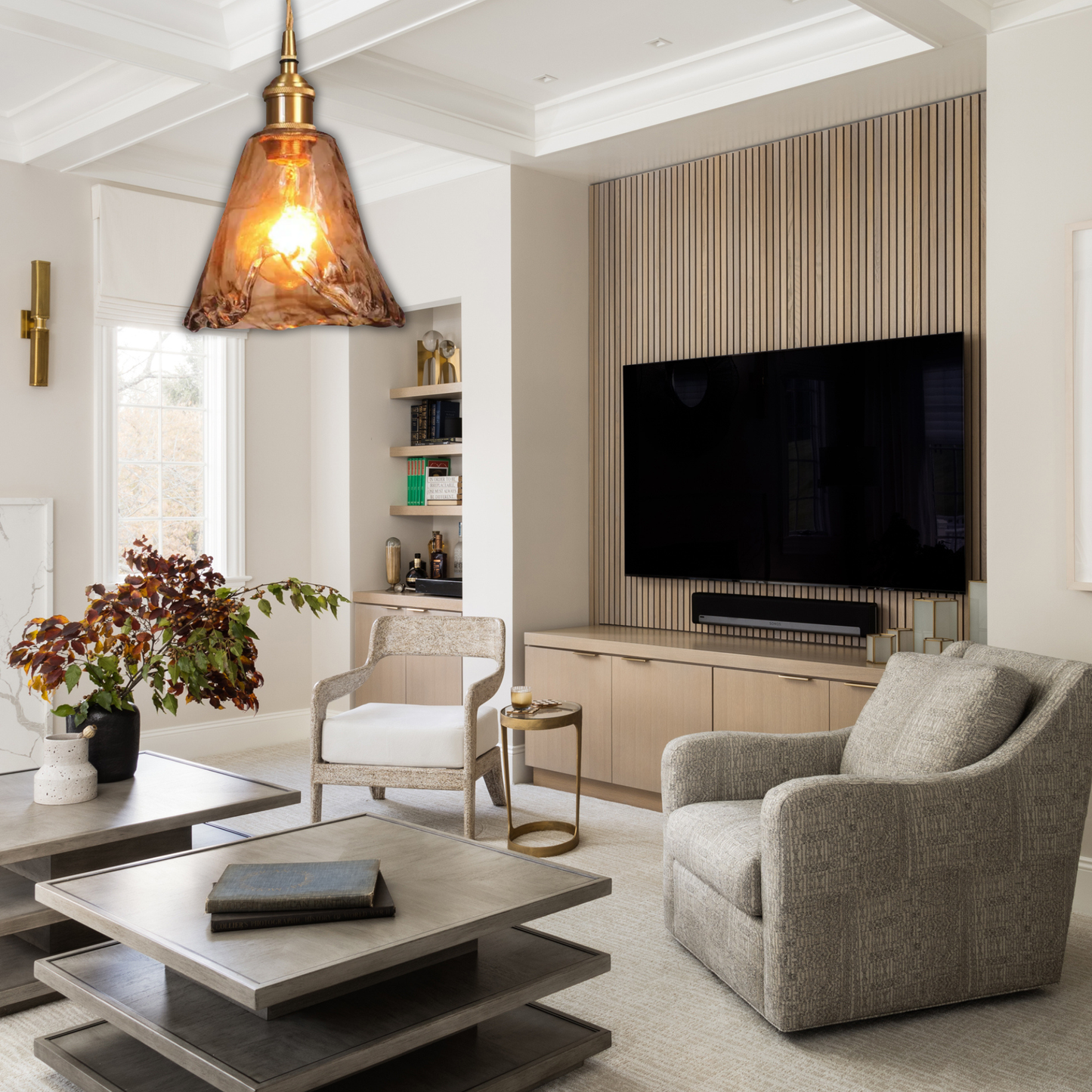 Suspension laiton et verre fumé design vintage triangulaire évasé