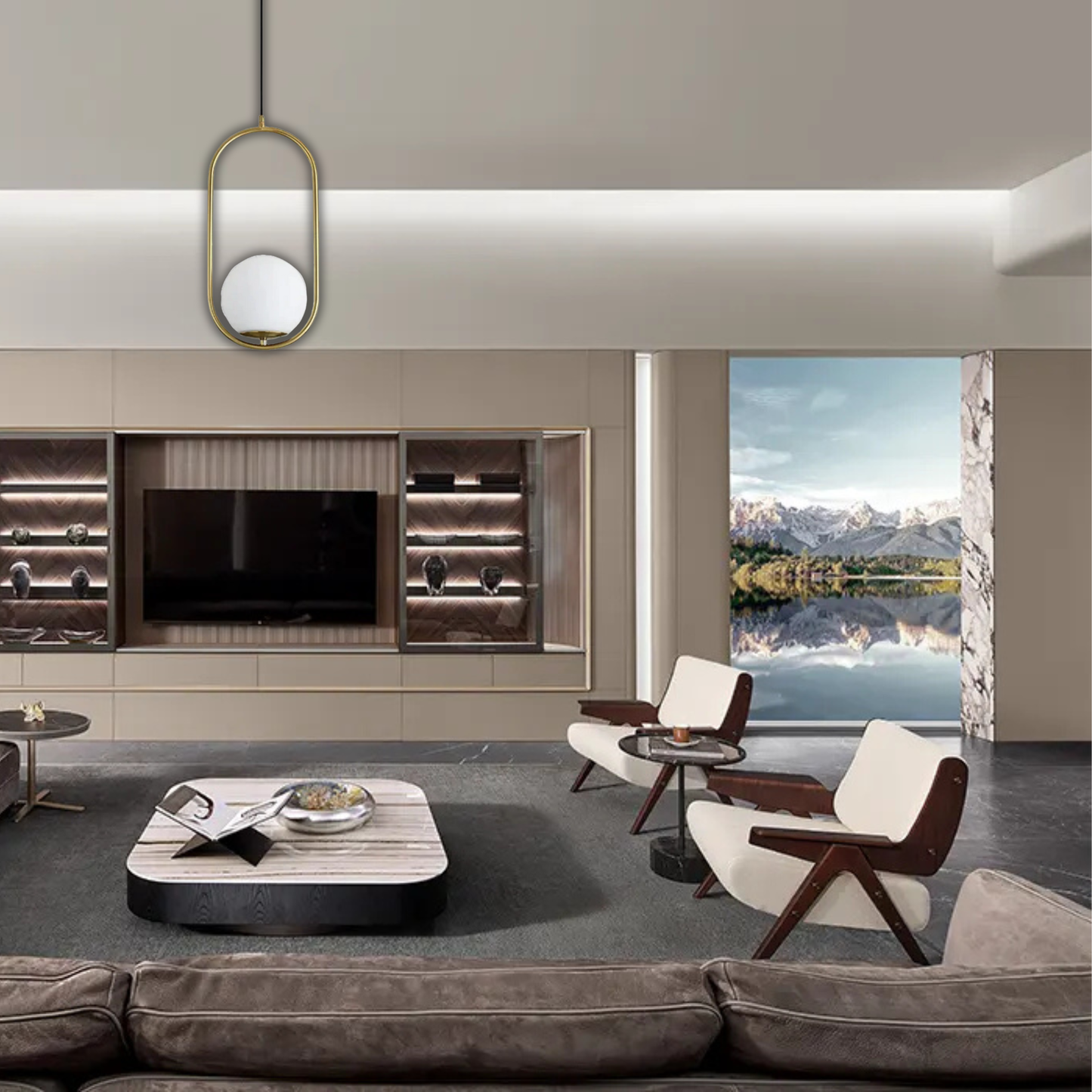 Suspension moderne boule lumineuse ovale en laiton