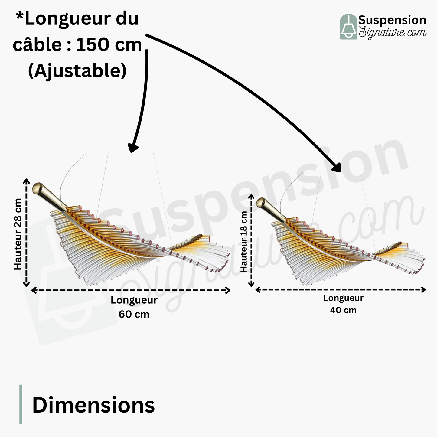 Suspension plume transparente et dorée design moderne