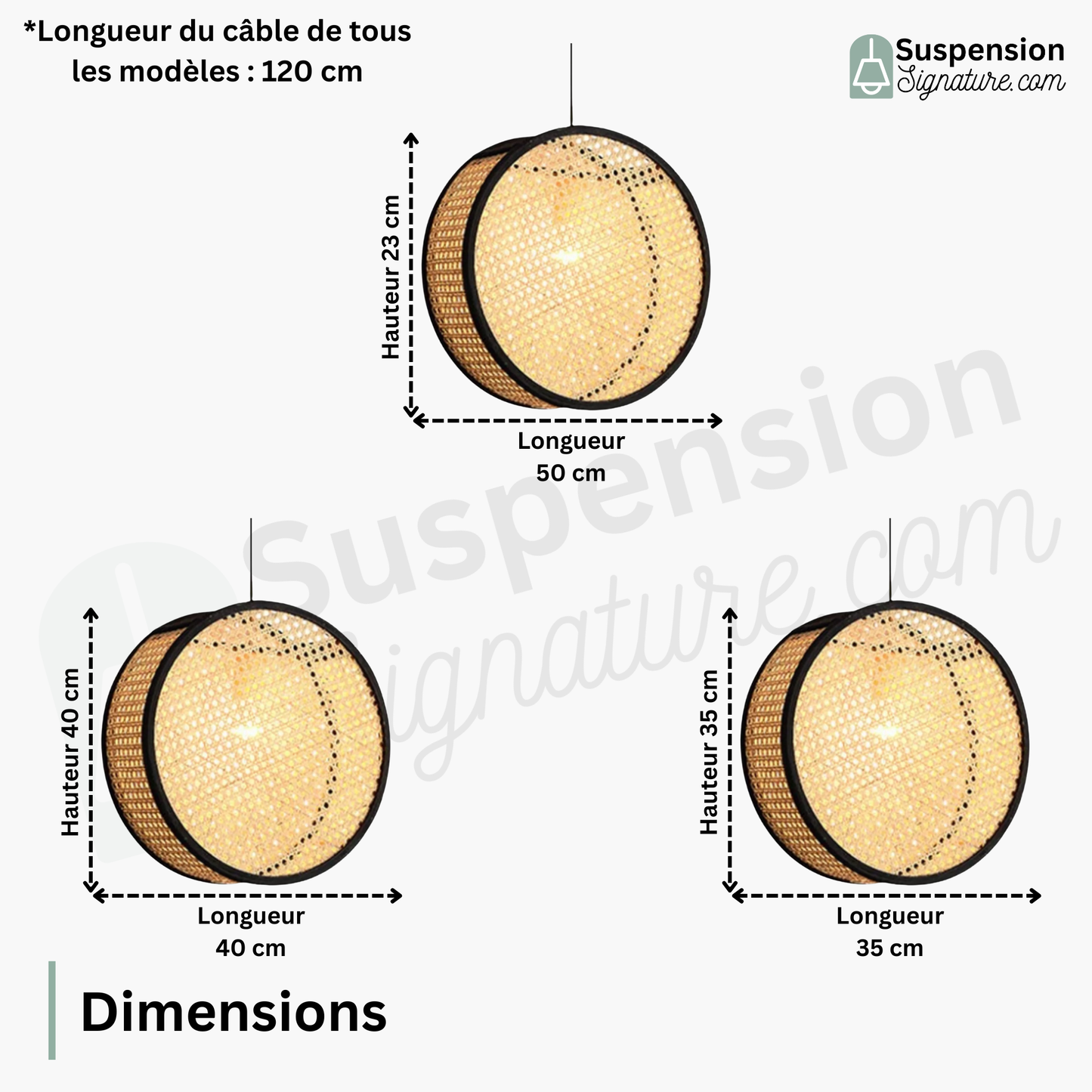 Suspension ronde cannage en rotin moderne liserés noirs