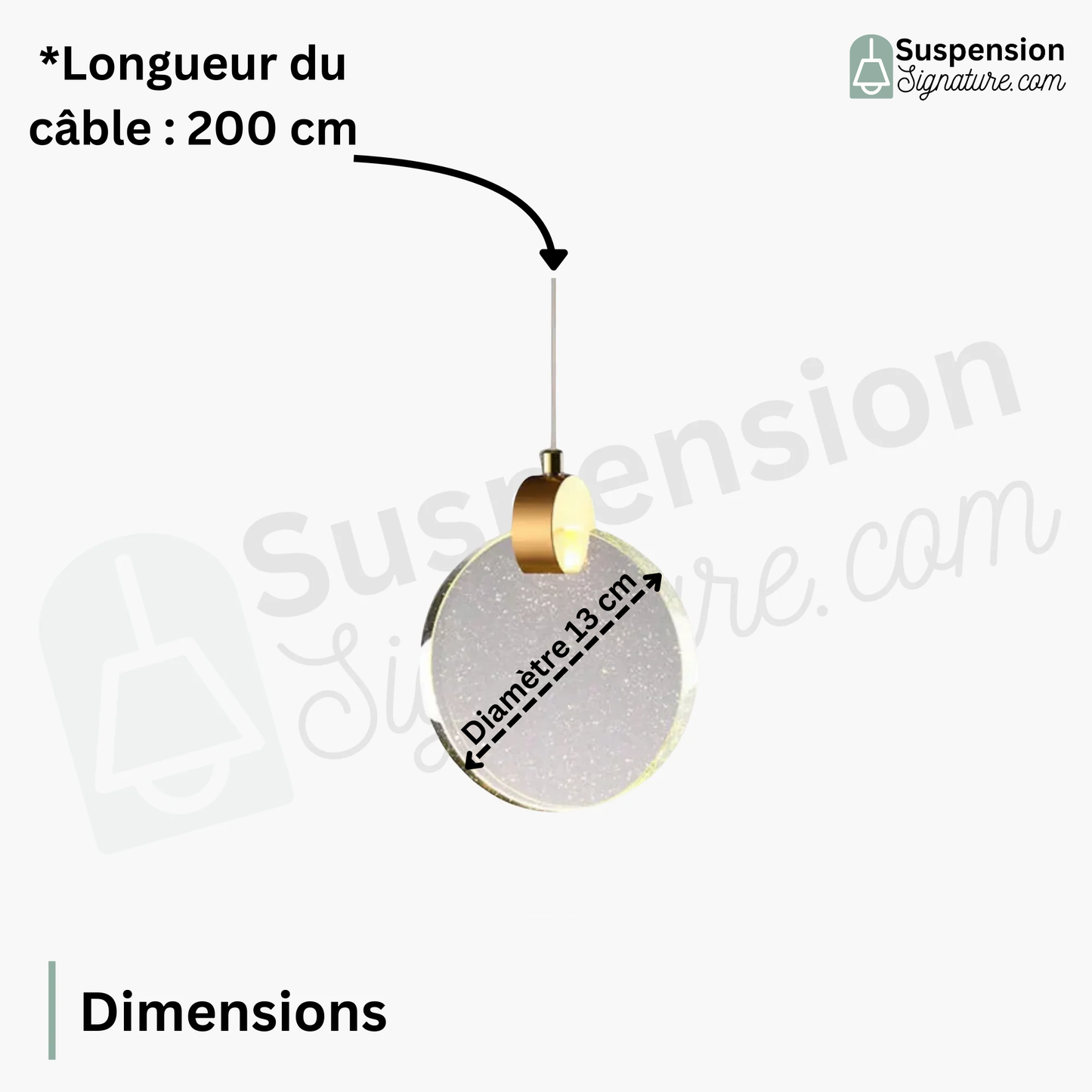 Suspension ronde cristal transparent métal doré