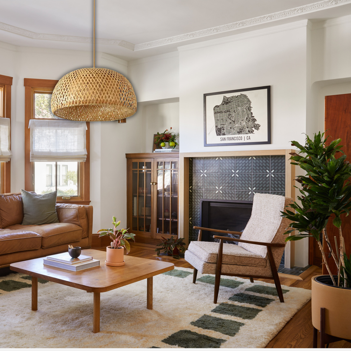 Suspension rotin allongée naturelle vintage