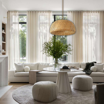 Suspension rotin allongée naturelle vintage