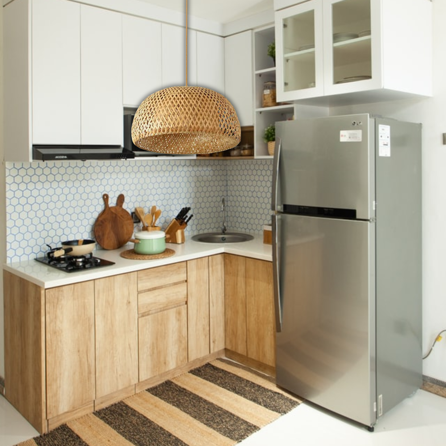 Suspension rotin allongée naturelle vintage