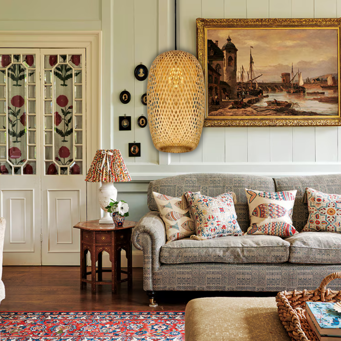 Suspension rotin allongée naturelle vintage