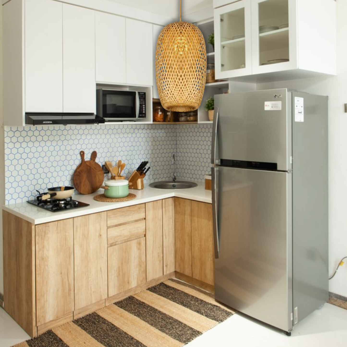 Suspension rotin allongée naturelle vintage