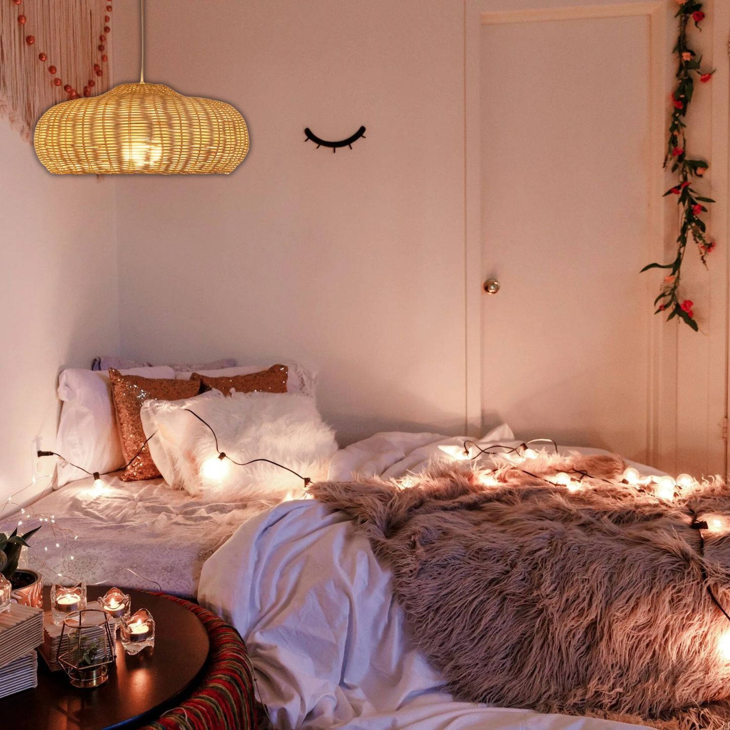 Suspension rotin design champignon vintage