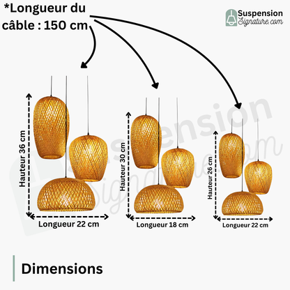 Suspension rotin et bambou 3 lampes dépareillées