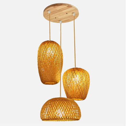 Suspension rotin et bambou 3 lampes dépareillées