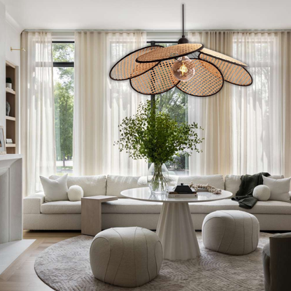 Suspension rotin et bambou cannage pétales fleur vintage