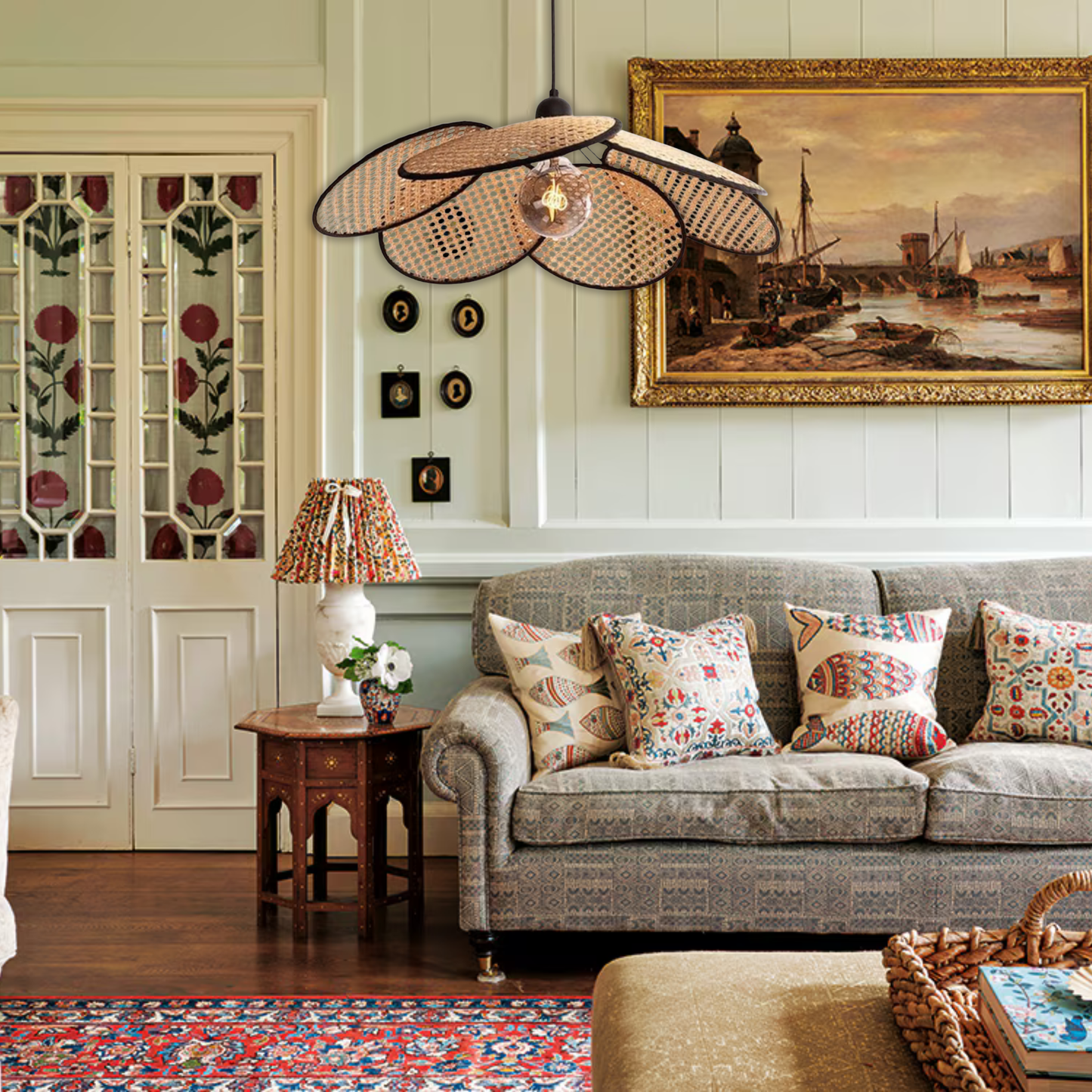 Suspension rotin et bambou cannage pétales fleur vintage