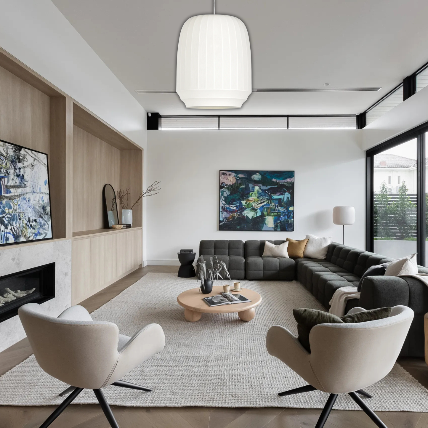 Suspension tissu globe allongé rainuré scandinave