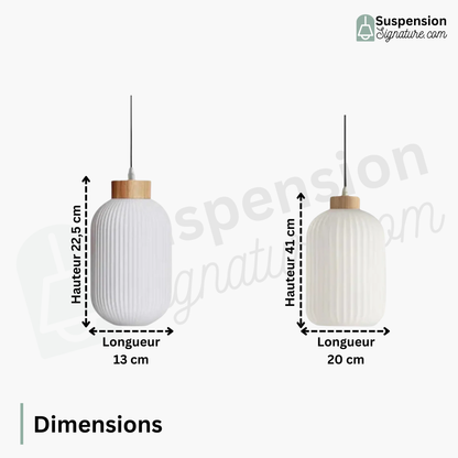 Suspension verre blanc rainuré et bois allongée design vintage