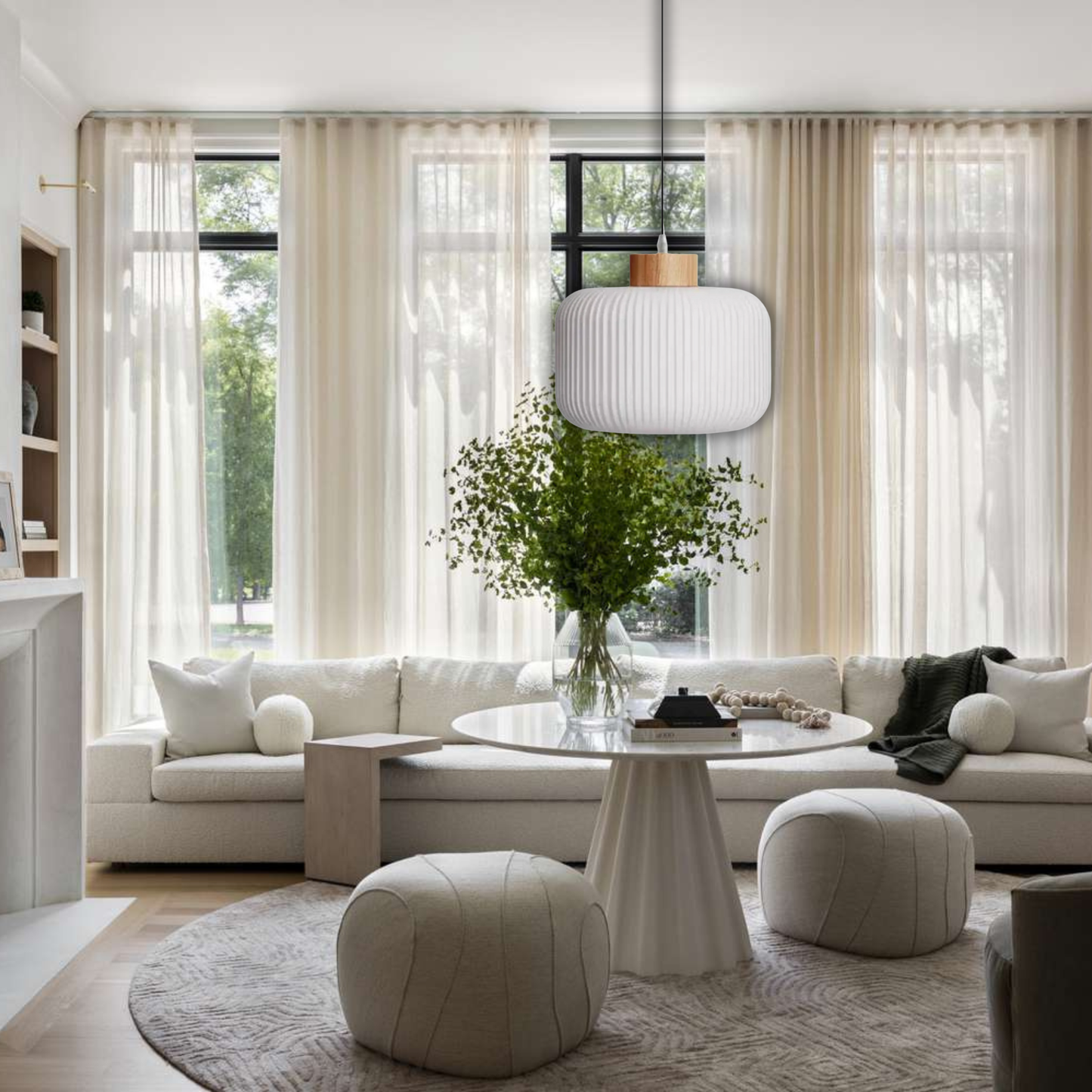 Suspension verre blanc rainuré et bois boule design vintage