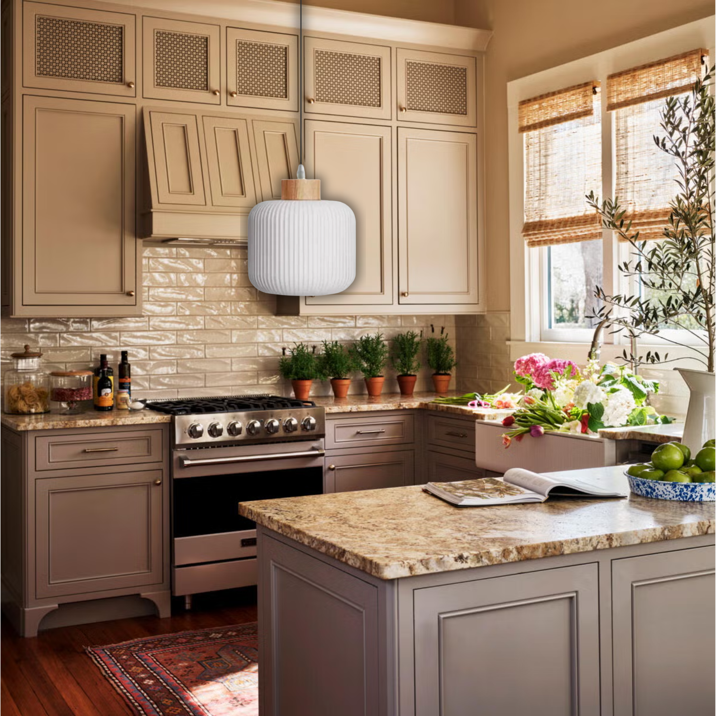 Suspension verre blanc rainuré et bois boule design vintage