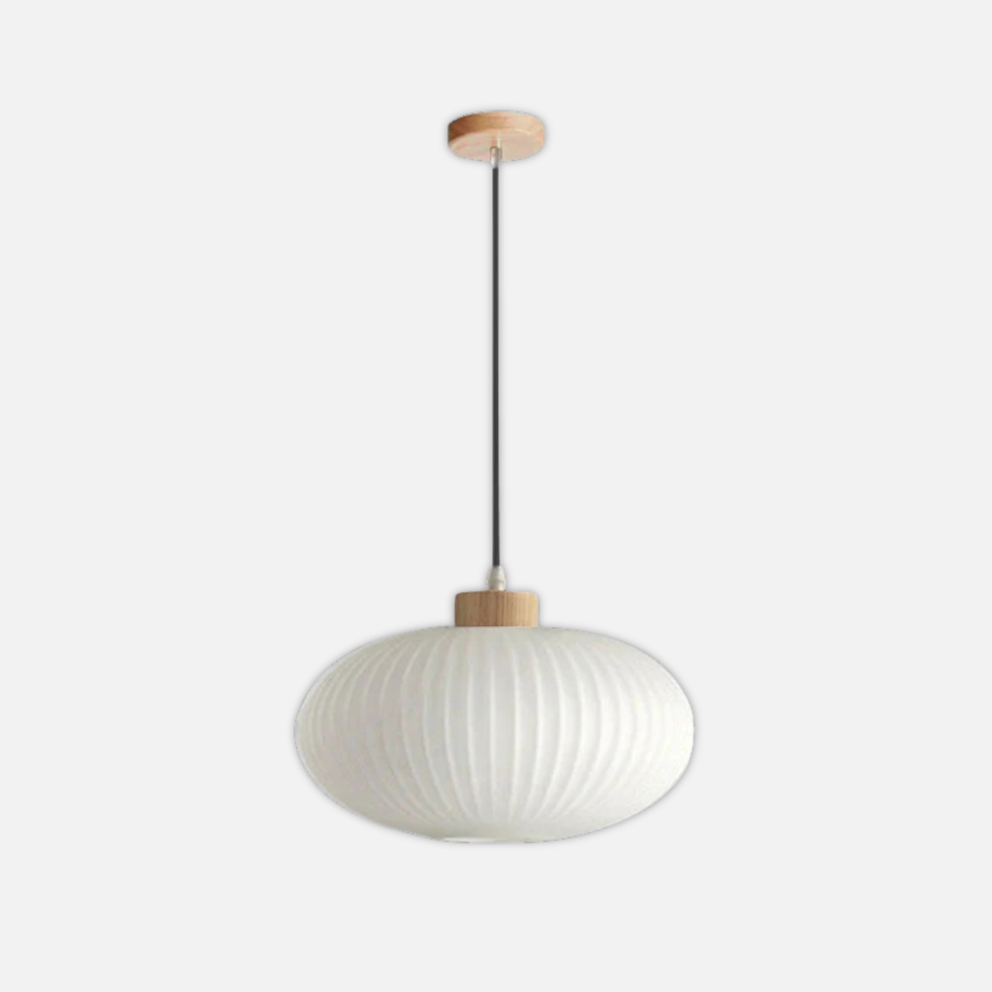 Suspension verre blanc rainurée et bois ronde plate design vintage