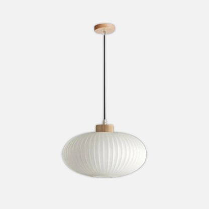 Suspension verre blanc rainurée et bois ronde plate design vintage