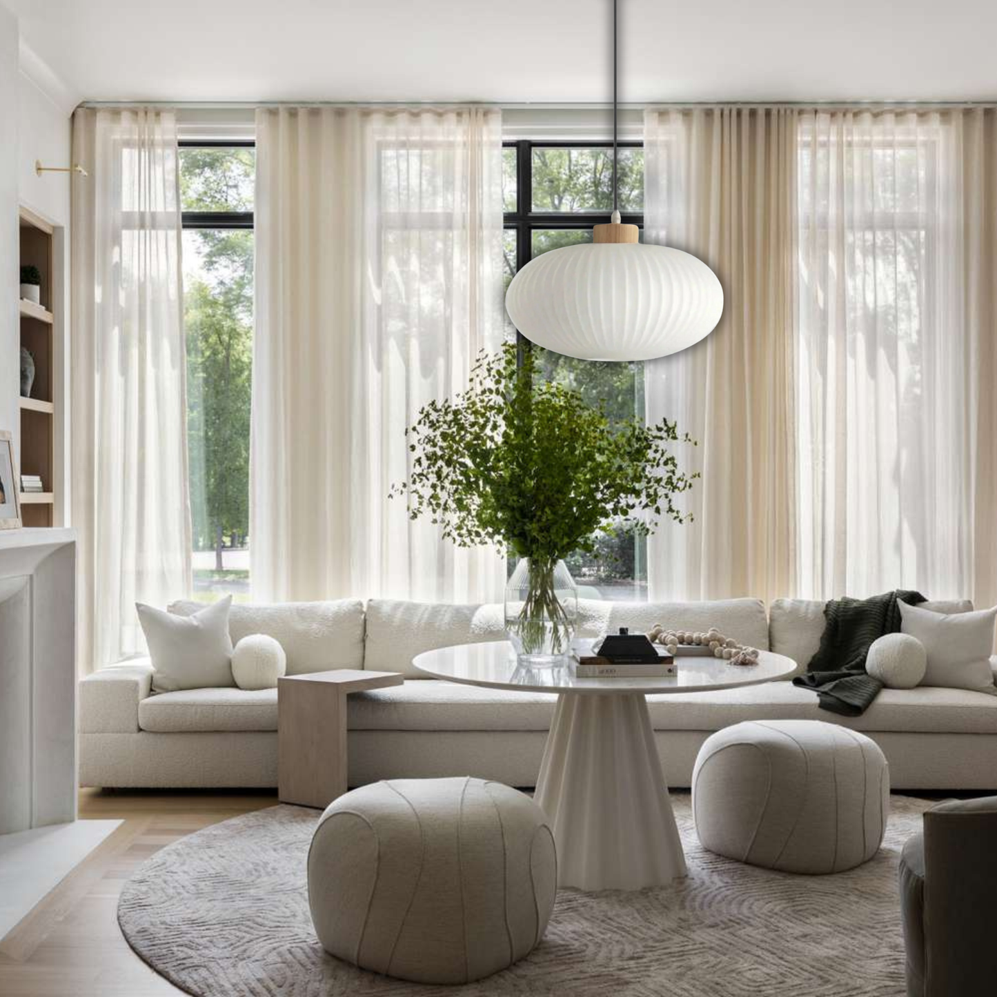 Suspension verre blanc rainurée et bois ronde plate design vintage