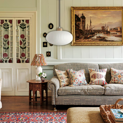 Suspension verre blanc rainurée et bois ronde plate design vintage