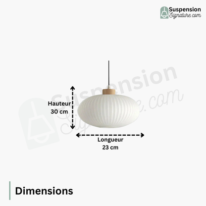 Suspension verre blanc rainurée et bois ronde plate design vintage