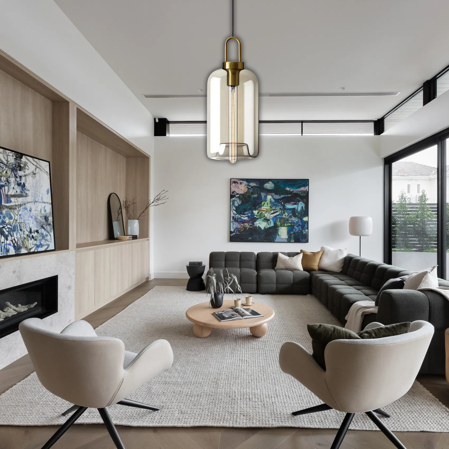 Suspension verre fumé allongée vintage