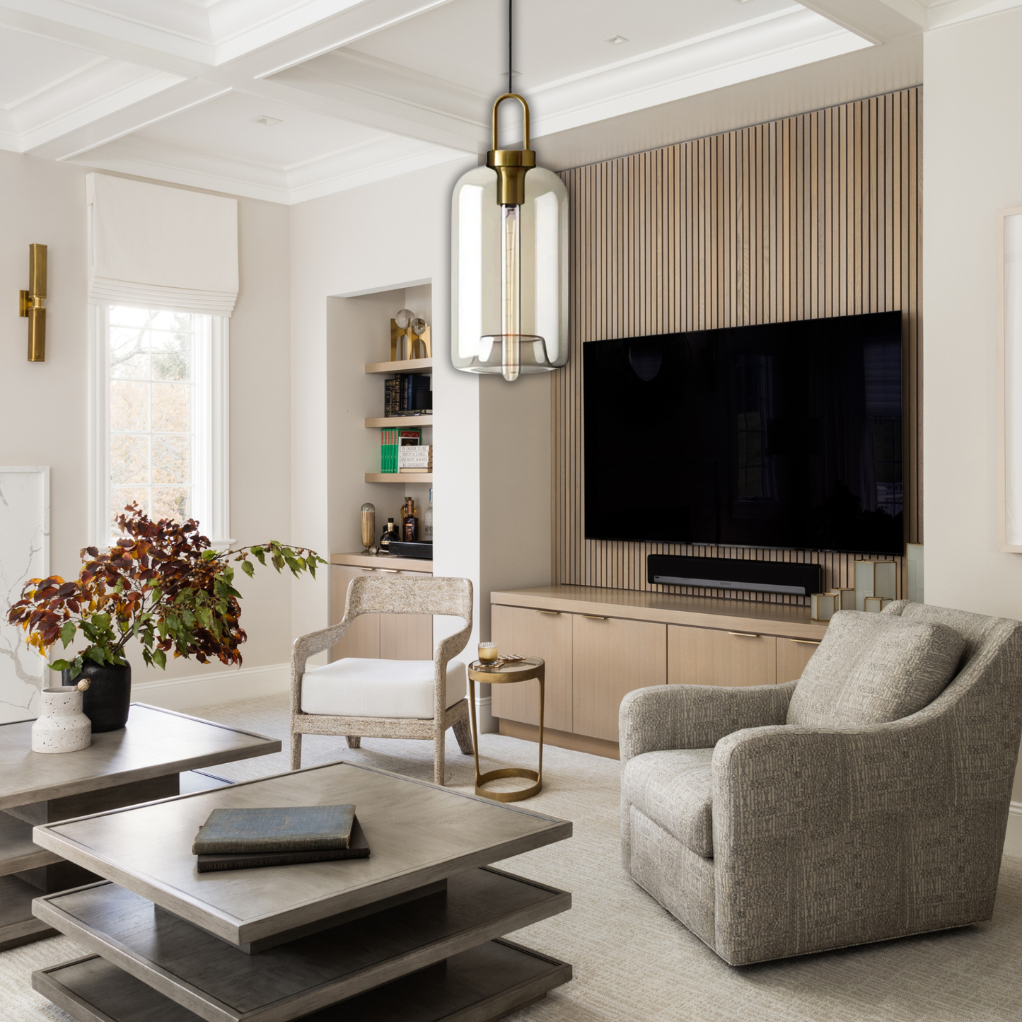 Suspension verre fumé allongée vintage