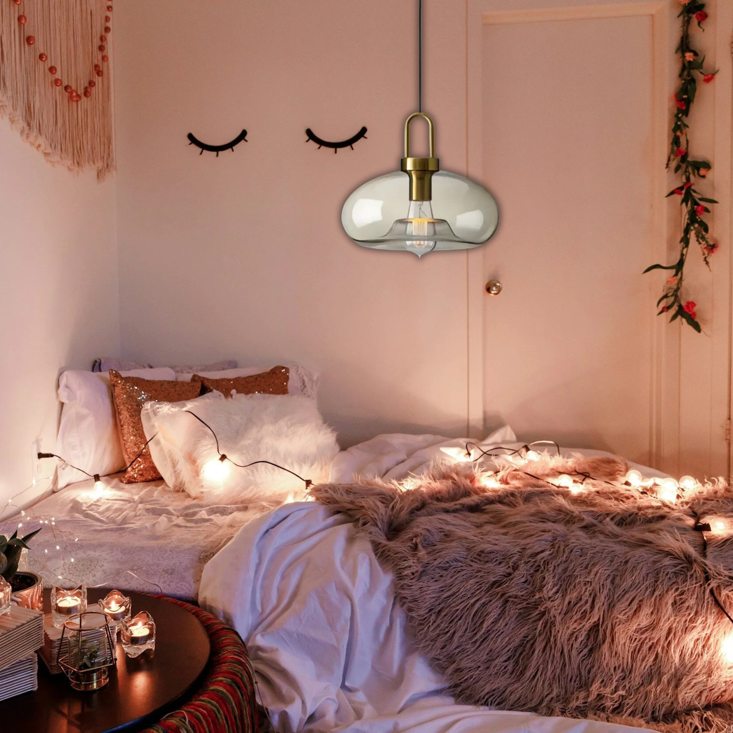 Suspension verre fumé ovale vintage