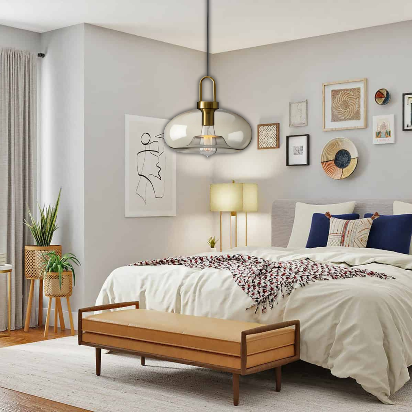 Suspension verre fumé ovale vintage