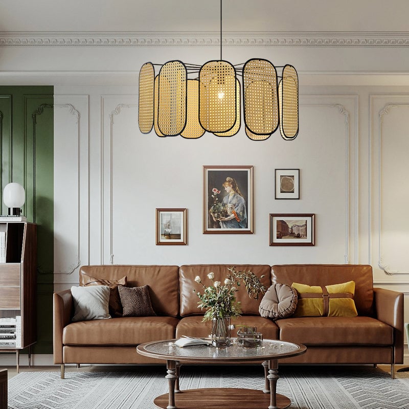 Suspension Cannage en Rotin Vintage Pales Liserés Noirs