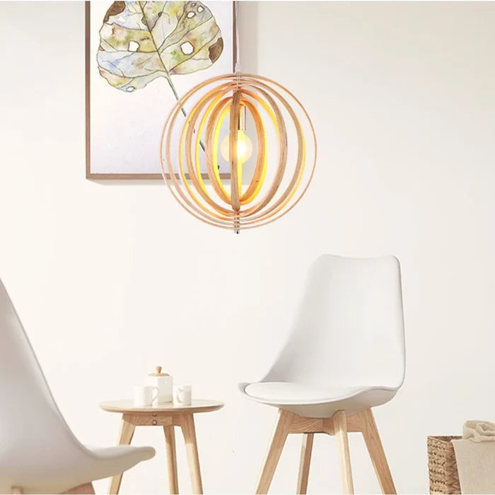 Suspension bois boule anneaux design moderne
