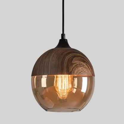Suspension bois et verre fumé boule bi-matière design vintage