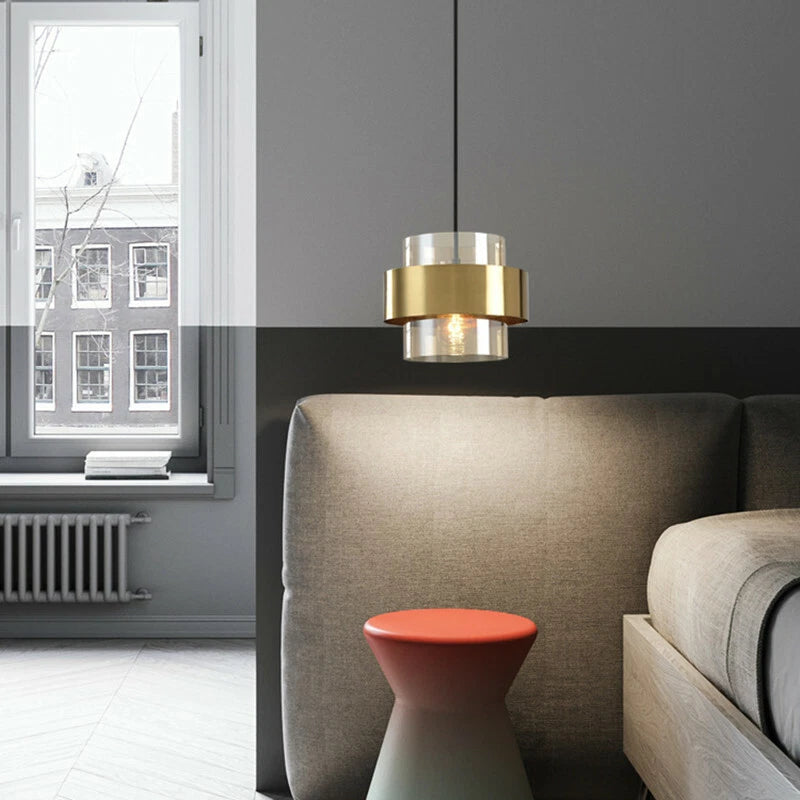 Suspension cylindres verre fumé et laiton design art déco