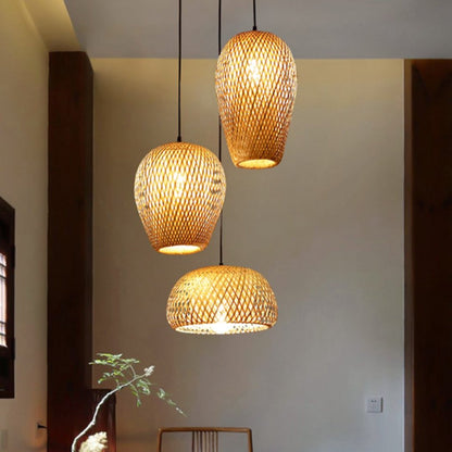 Suspension rotin et bambou 3 lampes dépareillées