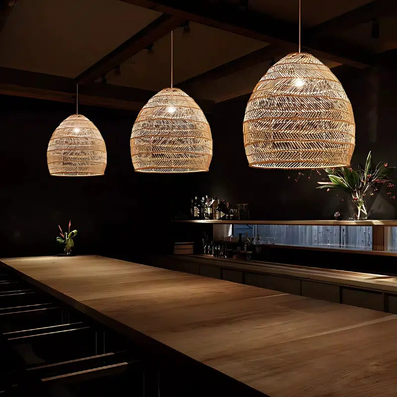 Suspension rotin cloche arrondie