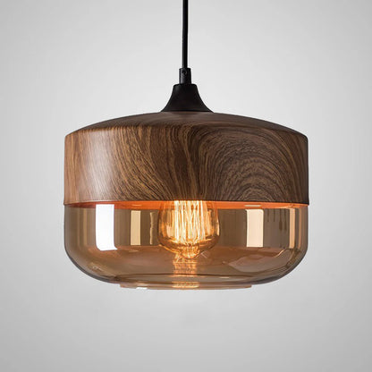 Suspension bois et verre fumé plate bi-matière design vintage